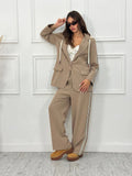 Σετ κοστούμι με ρίγες, oversized σακάκι με κουκούλα φούτερ & wide leg παντελόνι - Μπεζ