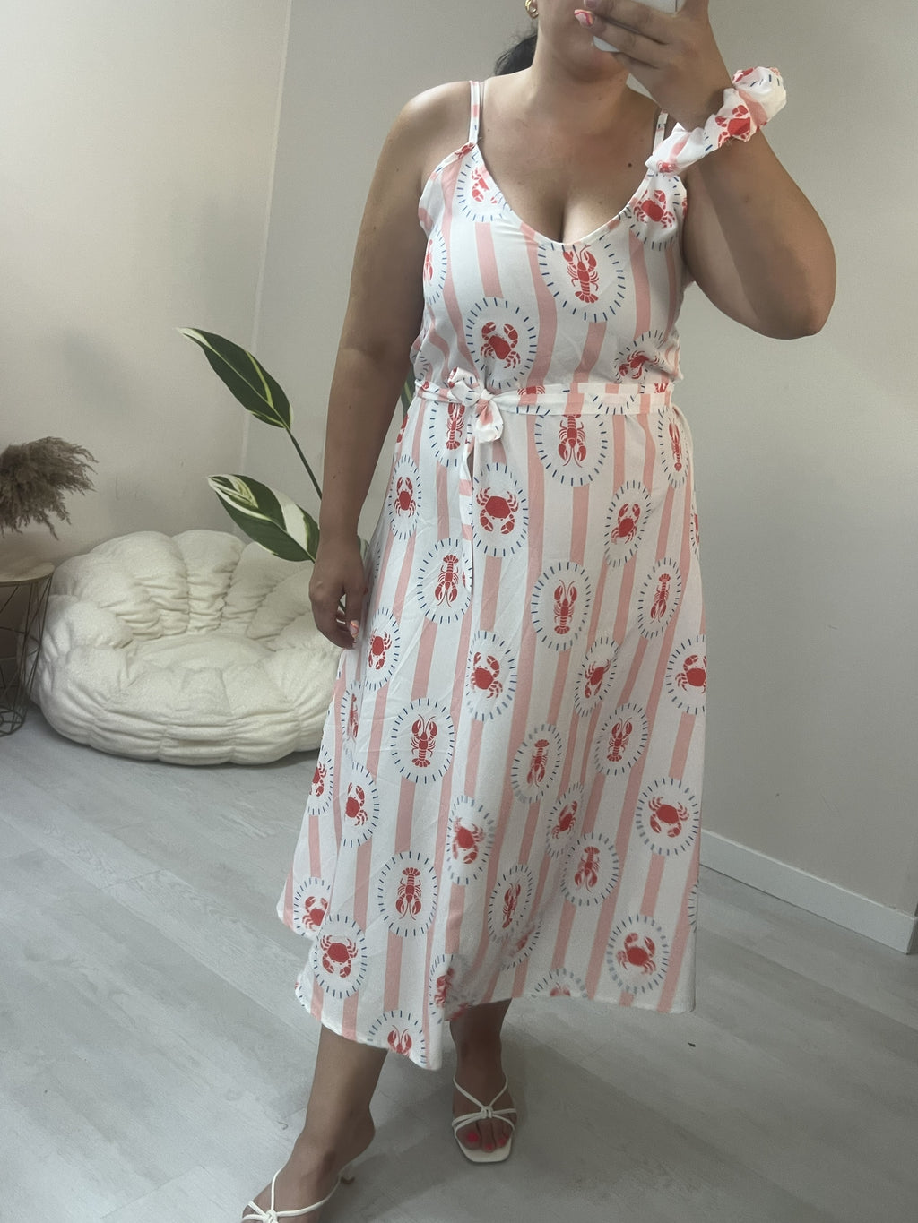 Midi Φόρεμα με print, ζωνάκι μέσης και scrunchy - Λευκό με αστακούς