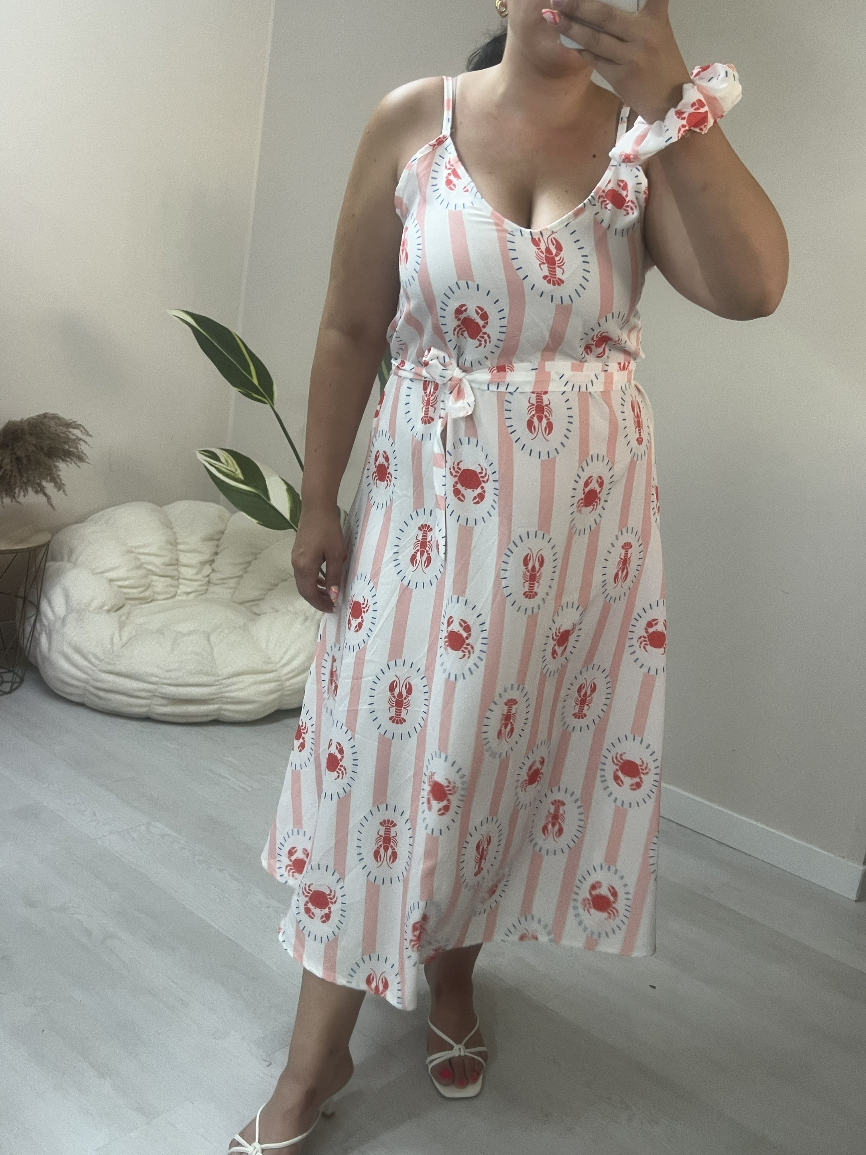 Midi Φόρεμα με print, ζωνάκι μέσης και scrunchy - Λευκό με αστακούς