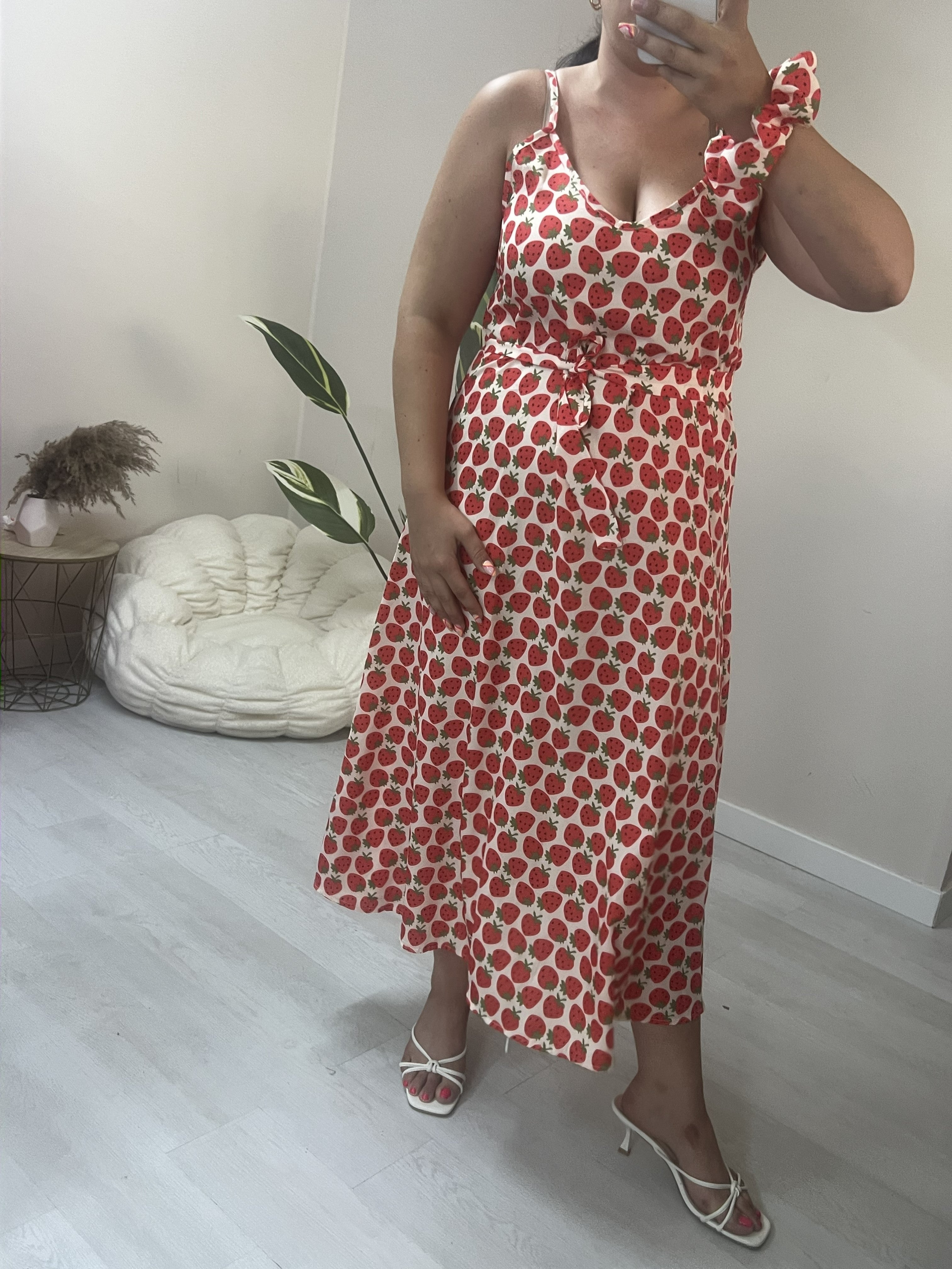 Midi Φόρεμα με print, ζωνάκι μέσης και scrunchy - Μπεζ με φράουλες