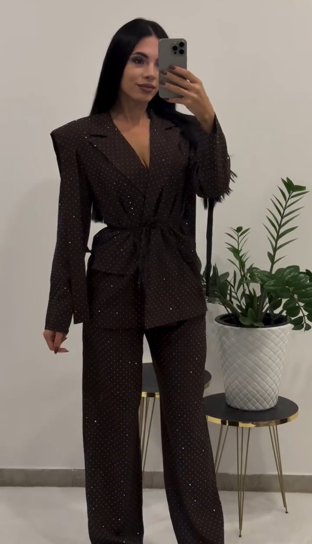 Σετ κοστούμι με στρας, δετό σακάκι και παντελόνι σε ίσια γραμμή - Σοκολατί