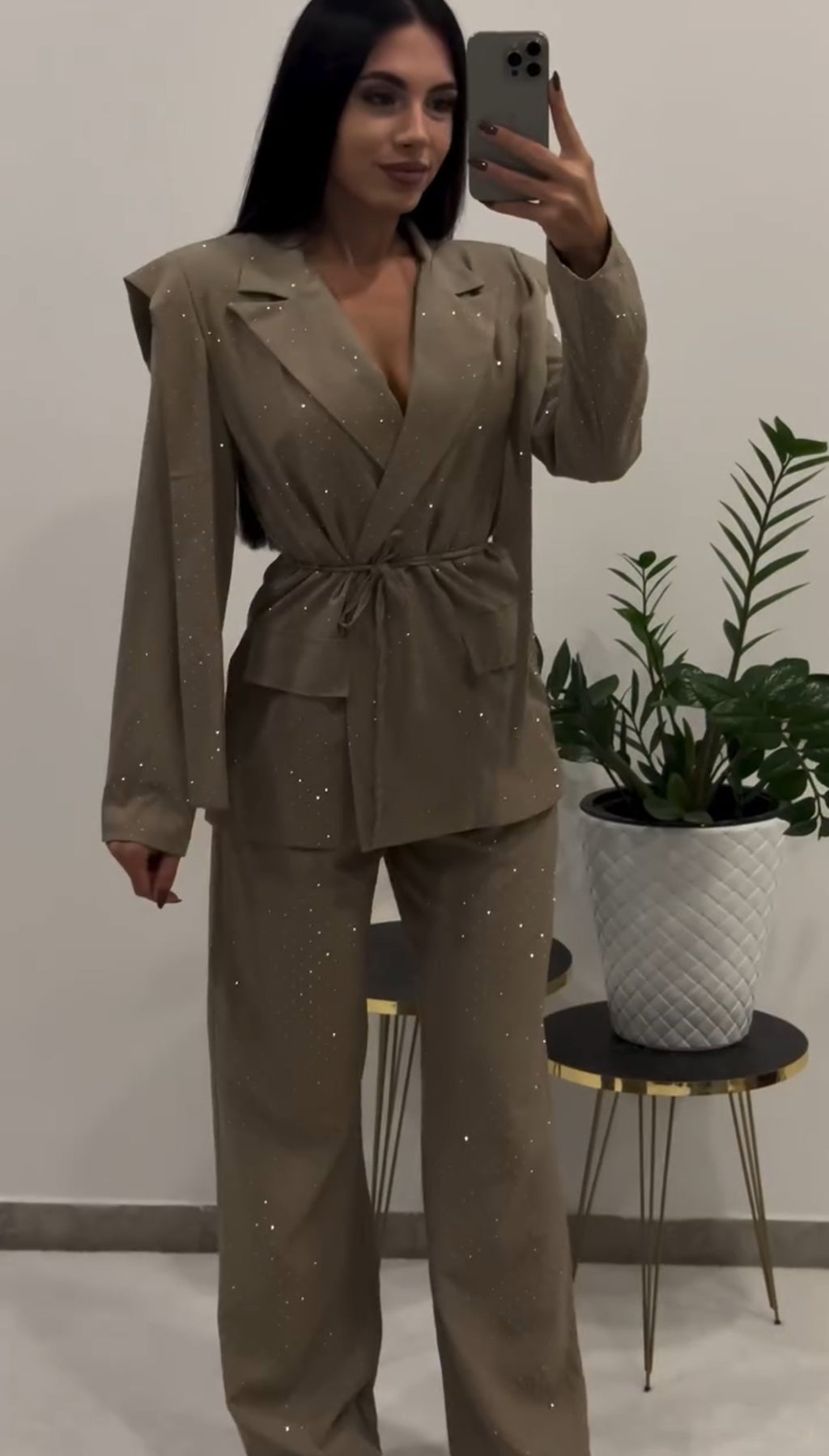 Σετ κοστούμι με στρας, δετό σακάκι και παντελόνι σε ίσια γραμμή - Πούρο