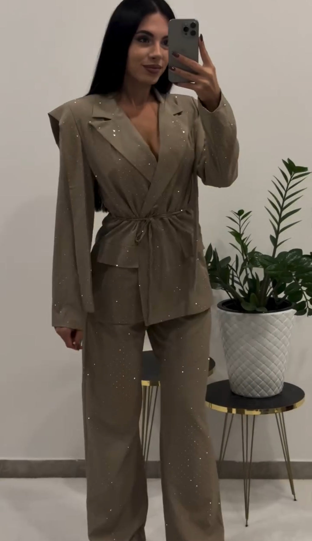 Σετ κοστούμι με στρας, δετό σακάκι και παντελόνι σε ίσια γραμμή - Πούρο