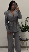 Σετ κοστούμι με στρας, δετό σακάκι και παντελόνι σε ίσια γραμμή - Γκρι