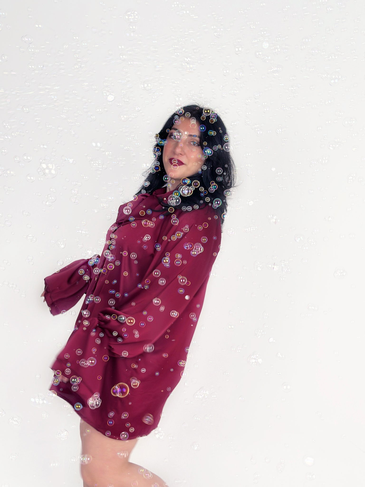 Elegant Bow Satin Shirt Dress - Bordeaux