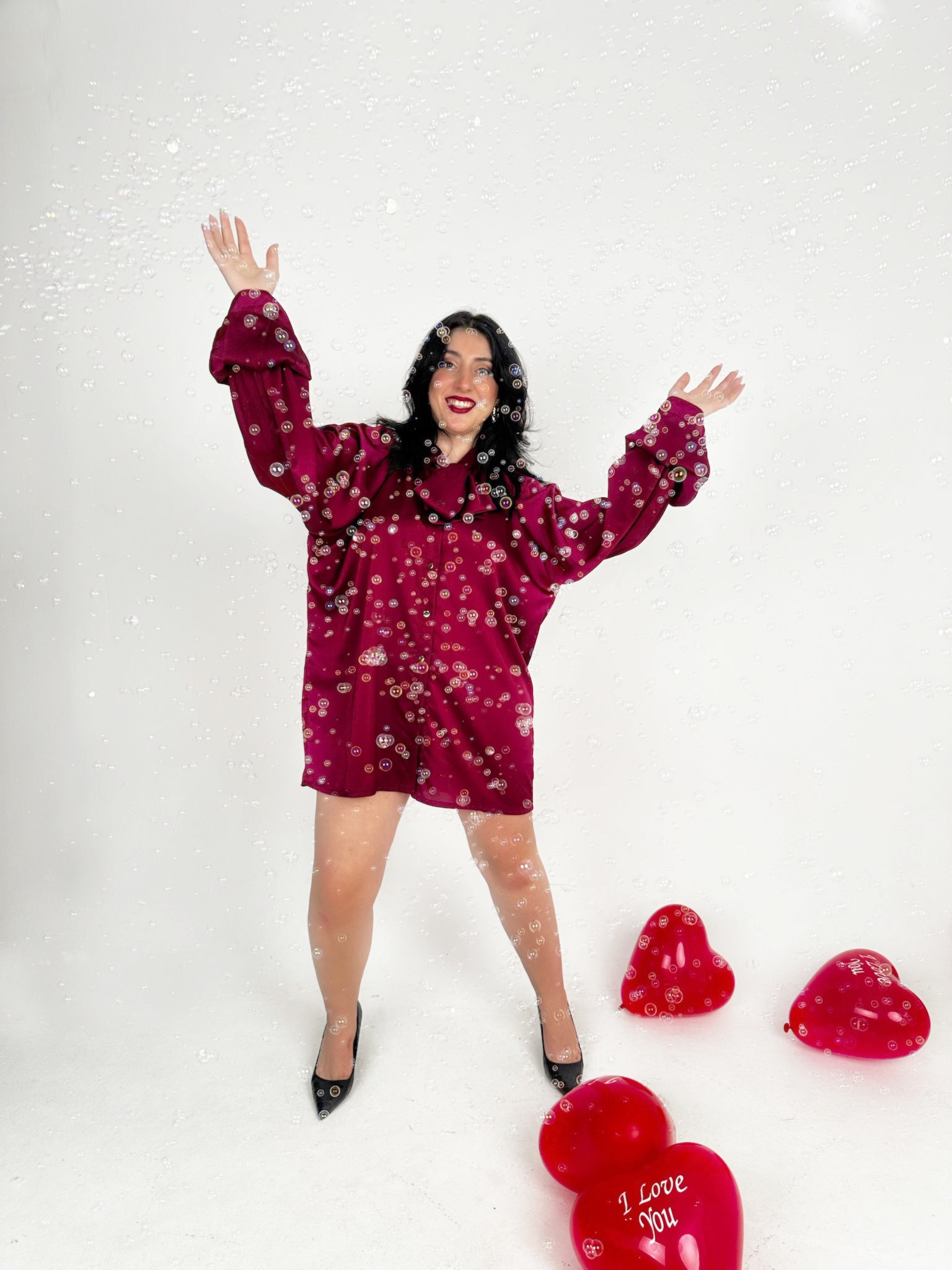 Elegant Bow Satin Shirt Dress - Bordeaux