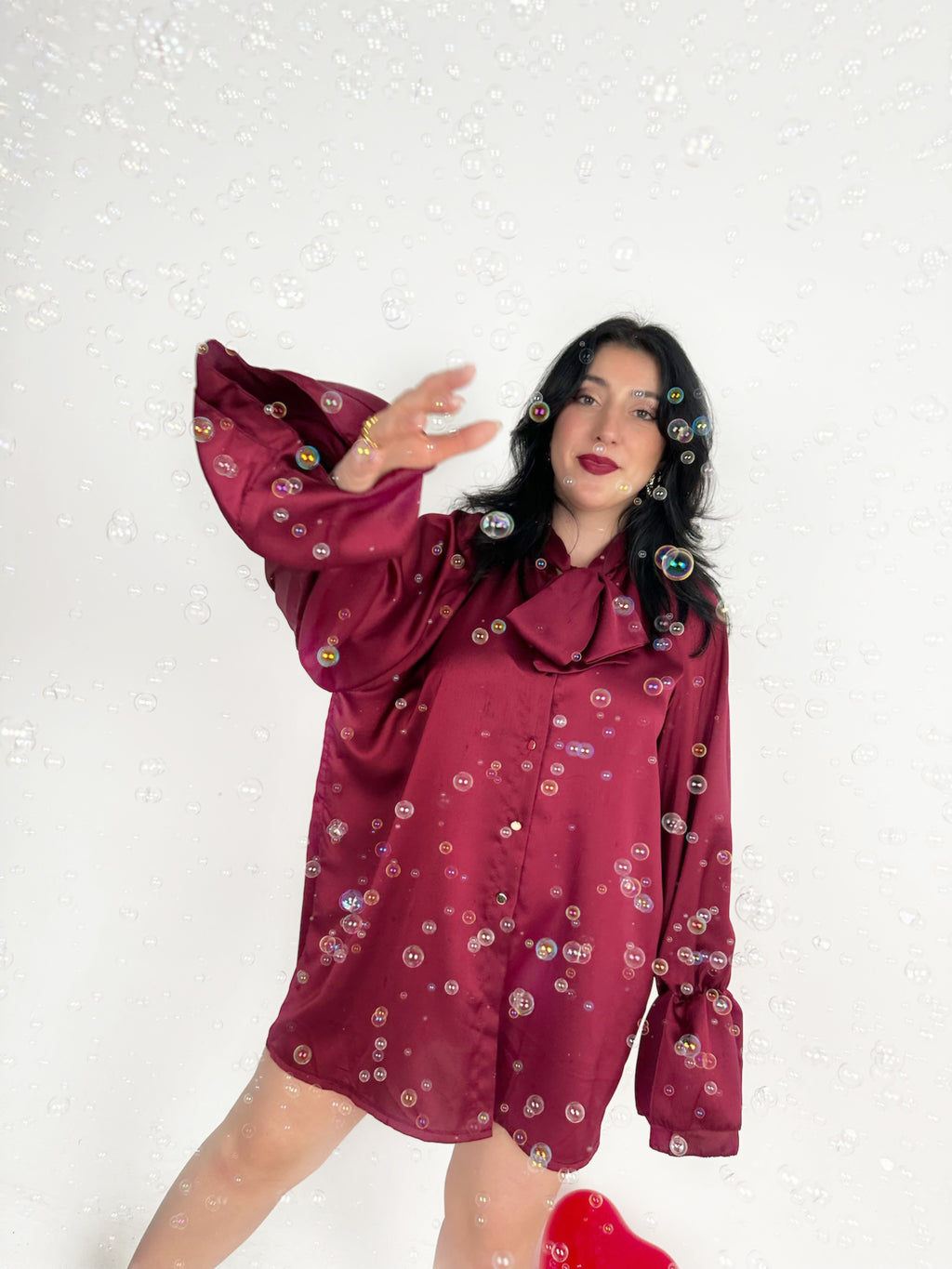 Elegant Bow Satin Shirt Dress - Bordeaux