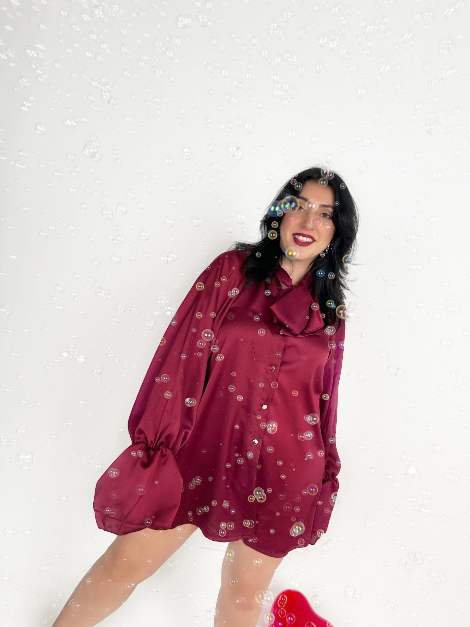 Elegant Bow Satin Shirt Dress - Bordeaux