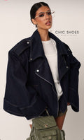Oversized denim jacket με ασύμμετρο κλείσιμο - Σκούρο Μπλε