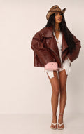 Oversized δερματίνη jacket με ασύμμετρο κλείσιμο - Κεραμιδί
