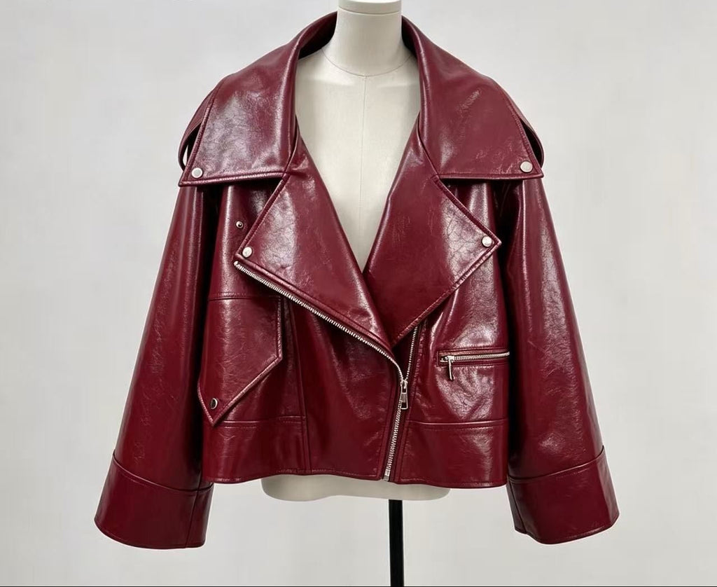 Oversized δερματίνη jacket με ασύμμετρο κλείσιμο - Wine Red