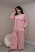 Σετ ποντοστόφας, ασύμμετρη μπλούζα με δαντέλα και παντελόνι σε ίσια γραμμή - Ροζ