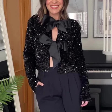 Cropped velvet μπλούζα με κεντητή παγιέτα - Μαύρο