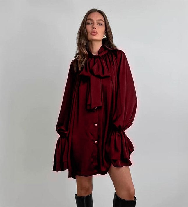 Elegant Bow Satin Shirt Dress - Bordeaux