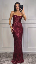 Maxi βραδινό φόρεμα με ανοιχτή πλάτη και λεπτομέρειες από παγιέτες - Μπορντό