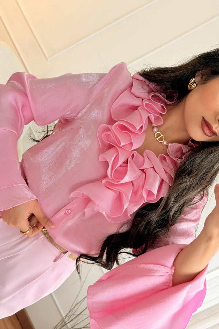 Μπλούζα με βολάν LUMINA - Ροζ