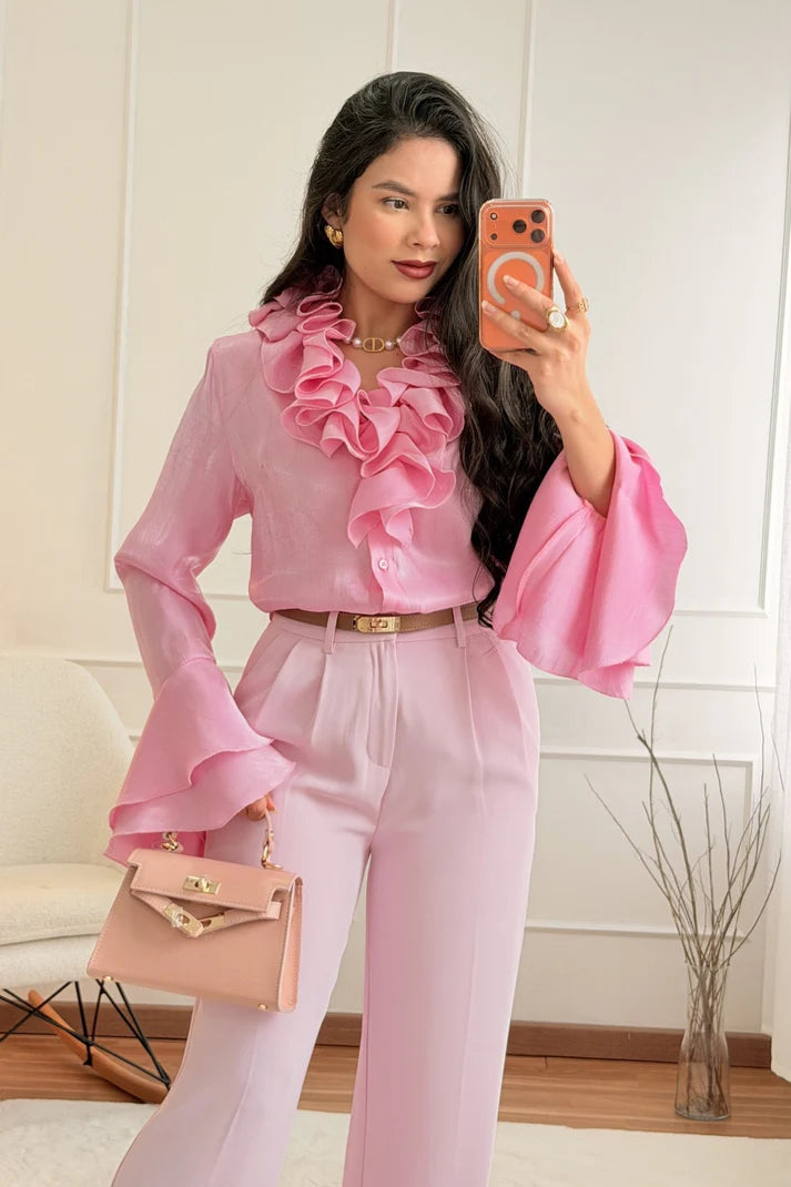 Μπλούζα με βολάν LUMINA - Ροζ