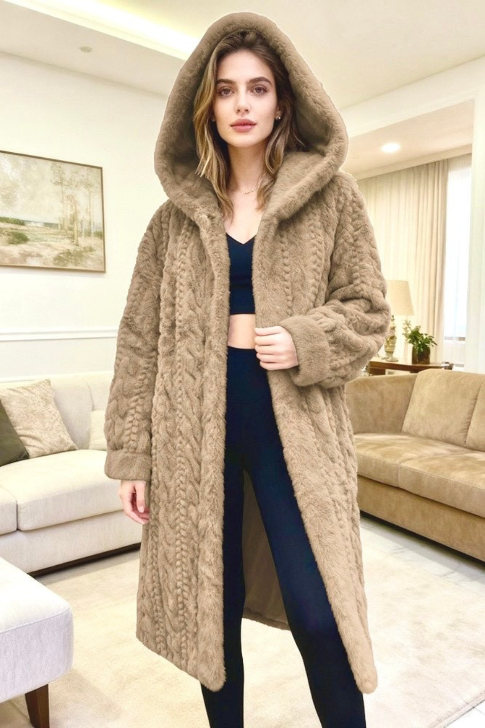 Γούνινο παλτό με ανάγλυφες πλεξούδες και κουκούλα - Μπεζ