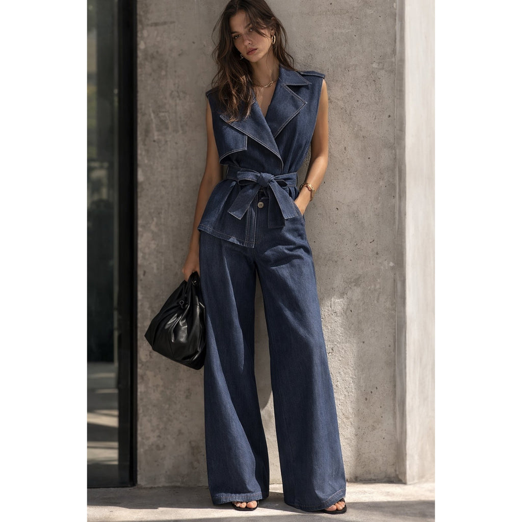 Denim σετ γιλέκο με ζώνη & παντελόνι σε wide leg γραμμή