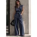 Denim σετ γιλέκο με ζώνη & παντελόνι σε wide leg γραμμή