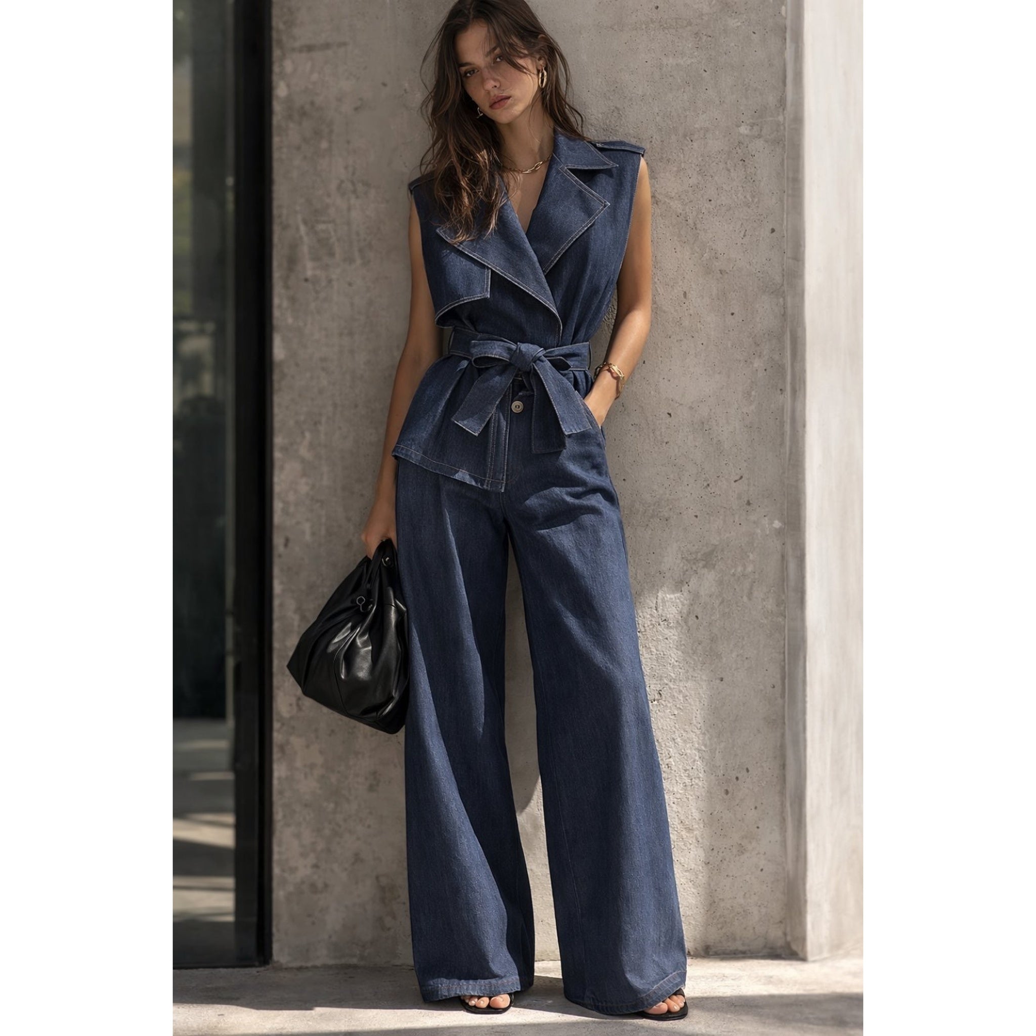 Denim σετ γιλέκο με ζώνη & παντελόνι σε wide leg γραμμή