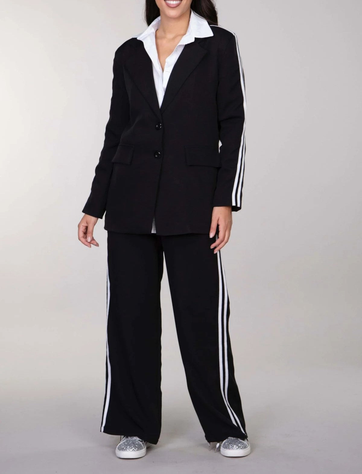 Σετ σακάκι & ψηλόμεσο παντελόνι με ρίγα στο πλάι - Μαύρο