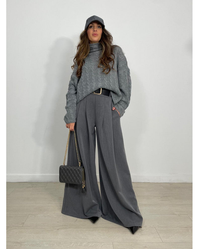 Elegance Flow Pleated Wide-Leg Pants - Γκρι