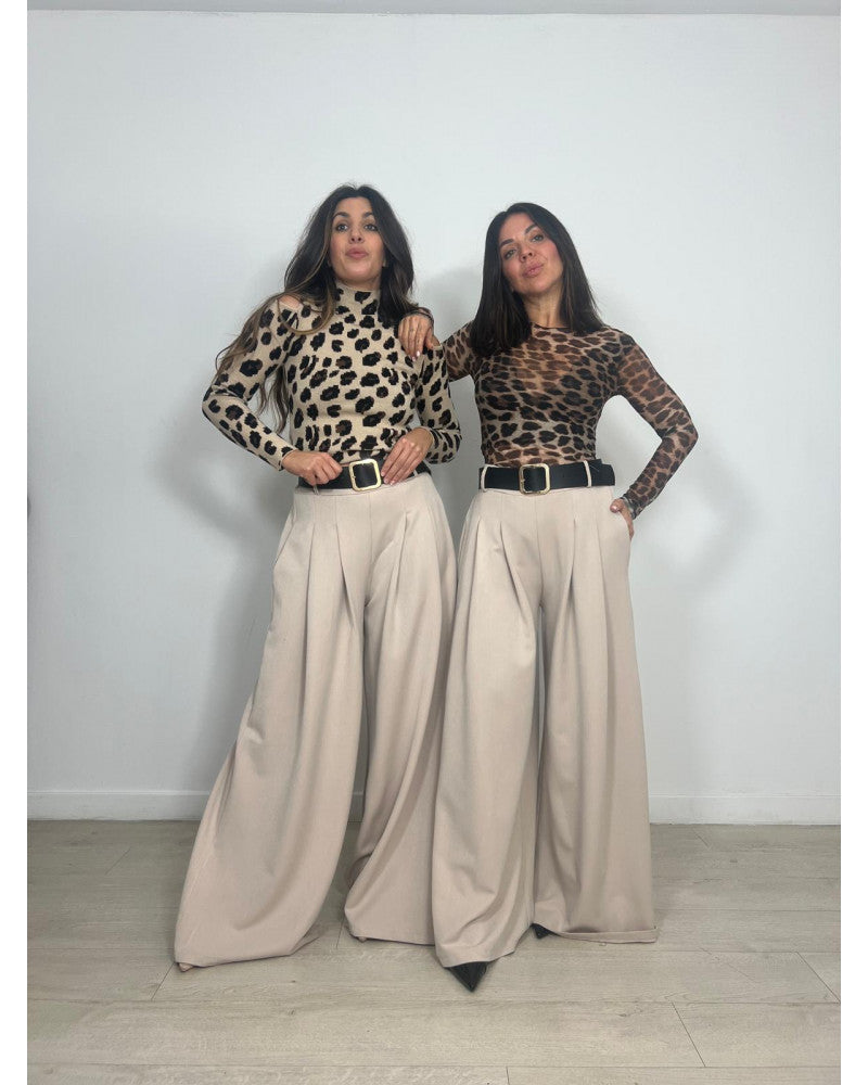 Elegance Flow Pleated Wide-Leg Pants - Beige