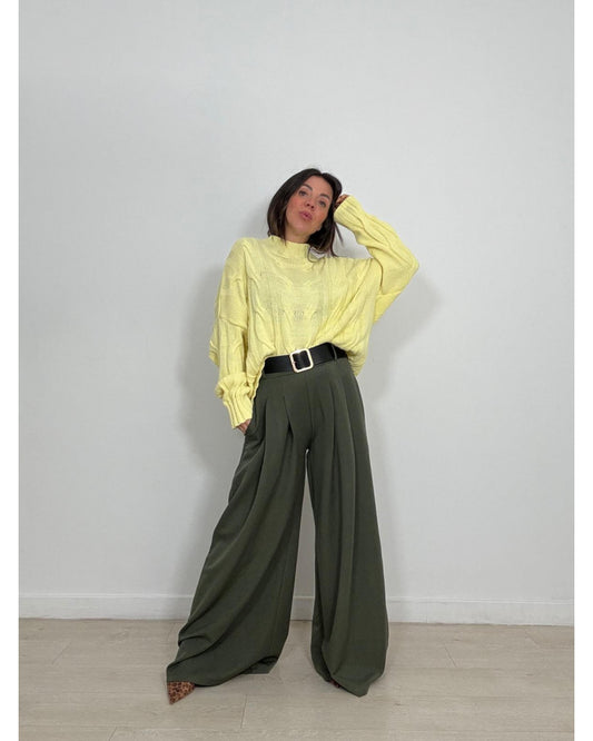 Elegance Flow Pleated Wide-Leg Pants - Χακί