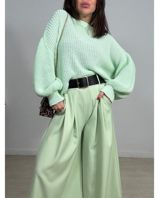 Elegance Flow Pleated Wide-Leg Pants - Βεραμάν