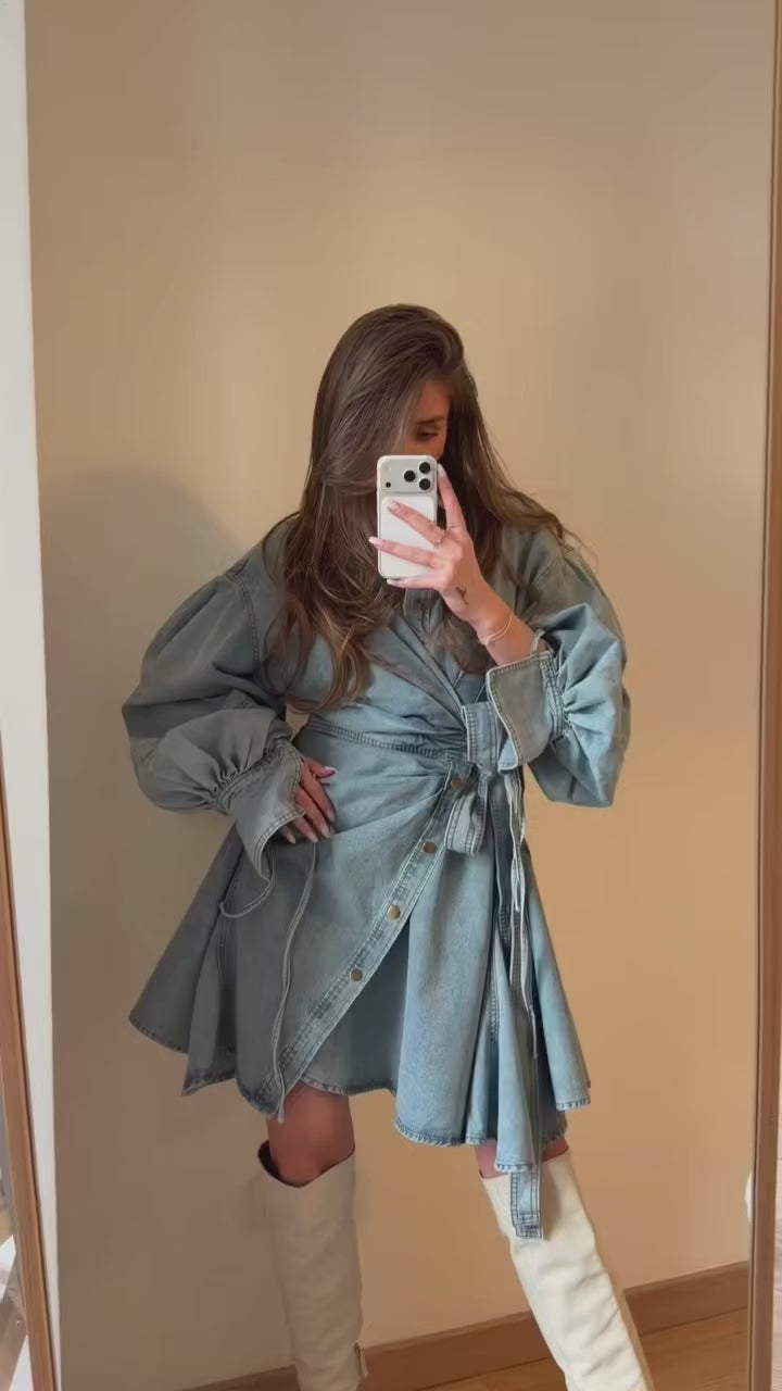 Denim dress με κουμπιά και ιδιαίτερα μανίκια - Ροζ