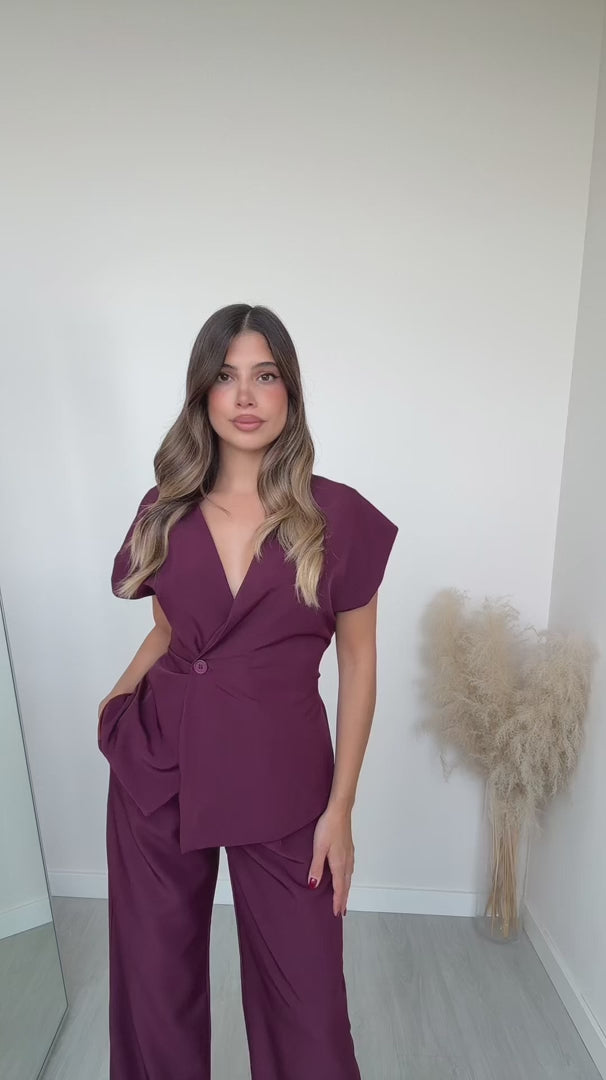 Σετ γιλέκο με κουμπί και ζώνη & παντελόνι με λάστιχο στη μέση - Μπορντό