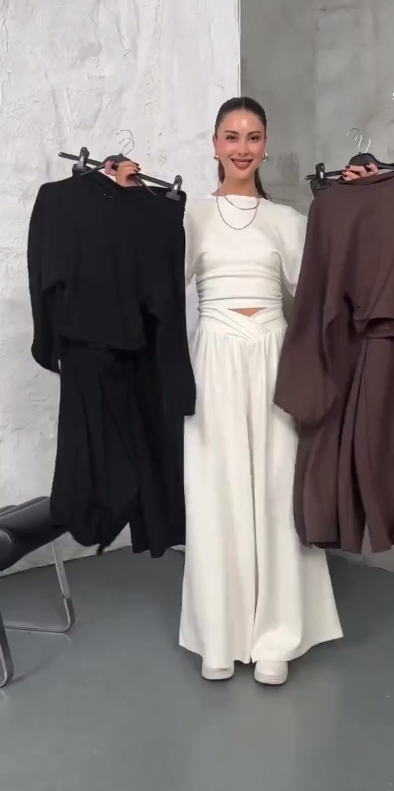 Σετ φόρμας φούτερ crop top και παντελόνι να σε φαρδιά γραμμή - Σοκολατί