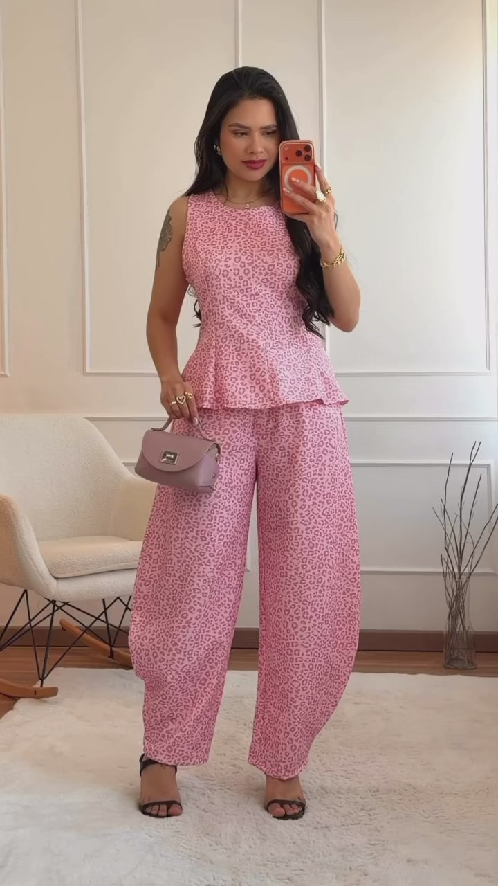 Σετ animal print μπλούζα με βολάν και balloon παντελόνι - Κίτρινο