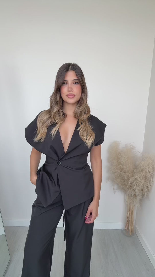 Σετ γιλέκο με κουμπί και ζώνη & παντελόνι με λάστιχο στη μέση - Μπορντό