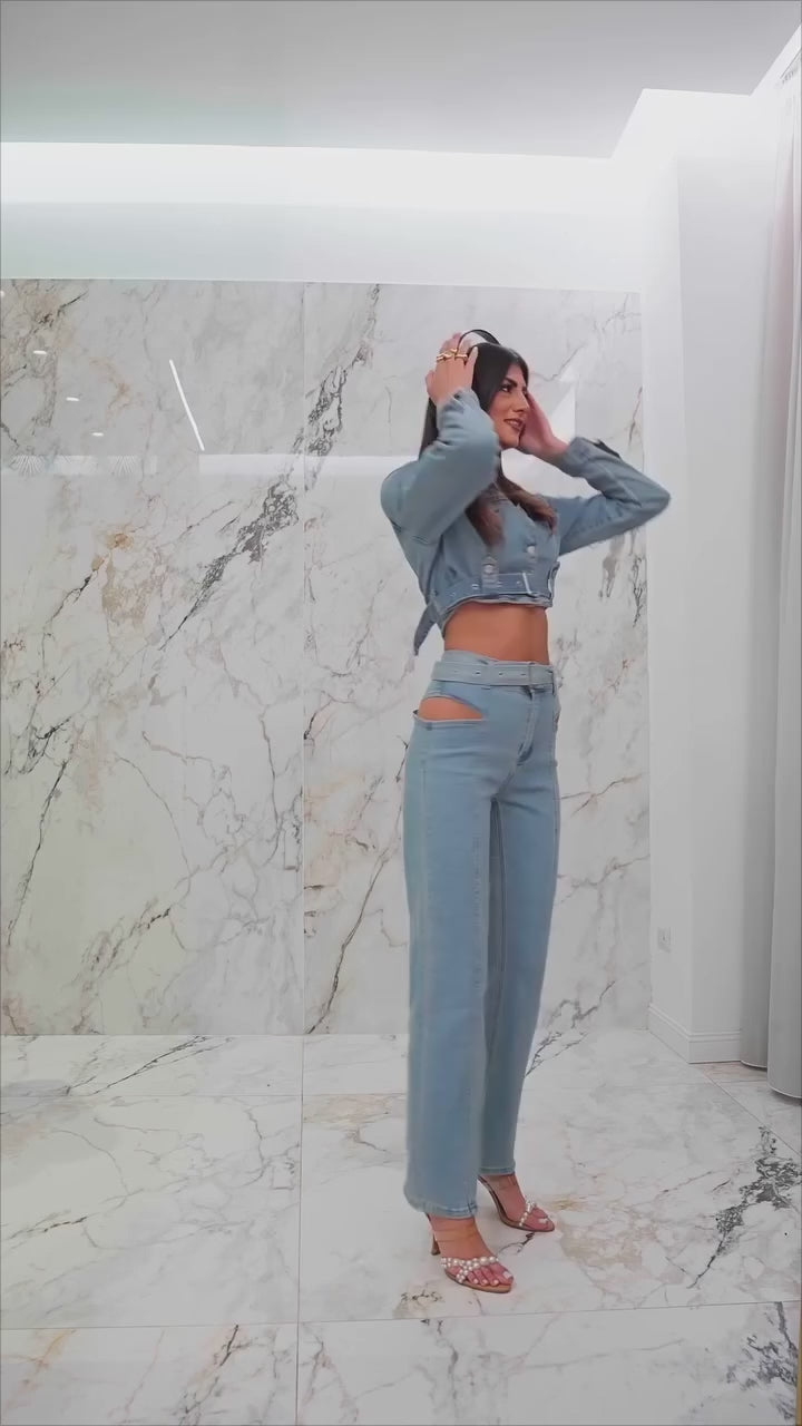 Denim set cropped jacket με ζώνη & ψηλόμεσο cut-out παντελόνι - Light Blue