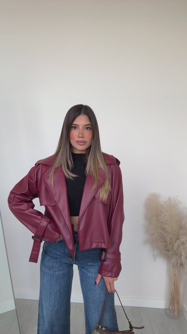 Oversized cropped δερματίνη jacket - Σοκολατί