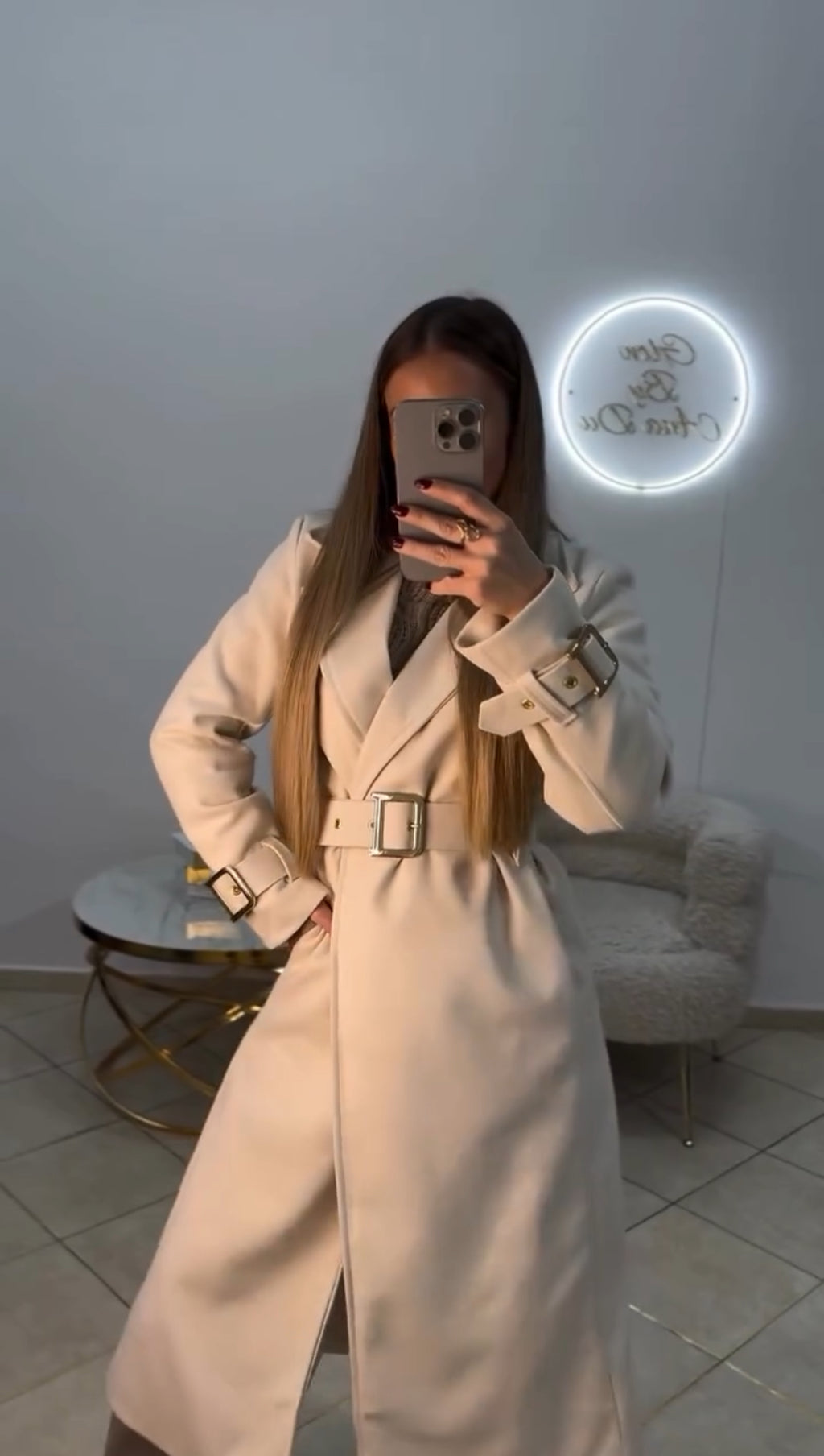 Φοδραρισμένο παλτό με ζώνη - Μπεζ