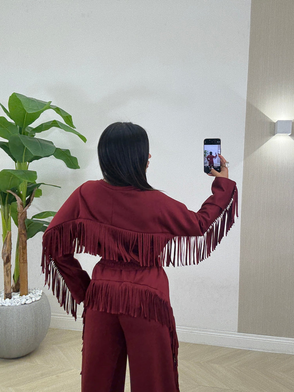 Σετ βουτυρένια φόρμα με διακοσμητικά κρόσσια - Μπορντό