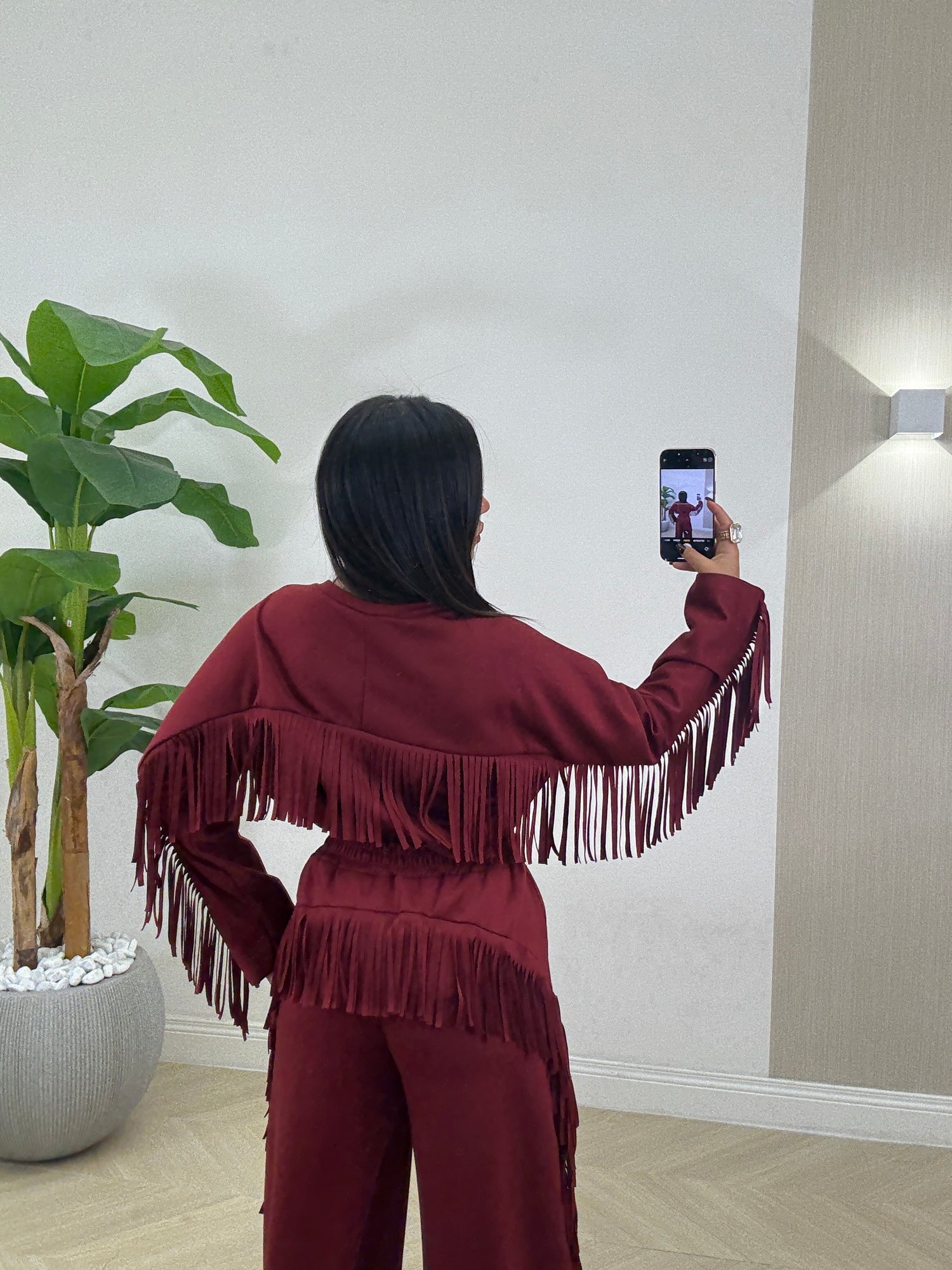 Σετ βουτυρένια φόρμα με διακοσμητικά κρόσσια - Μπορντό