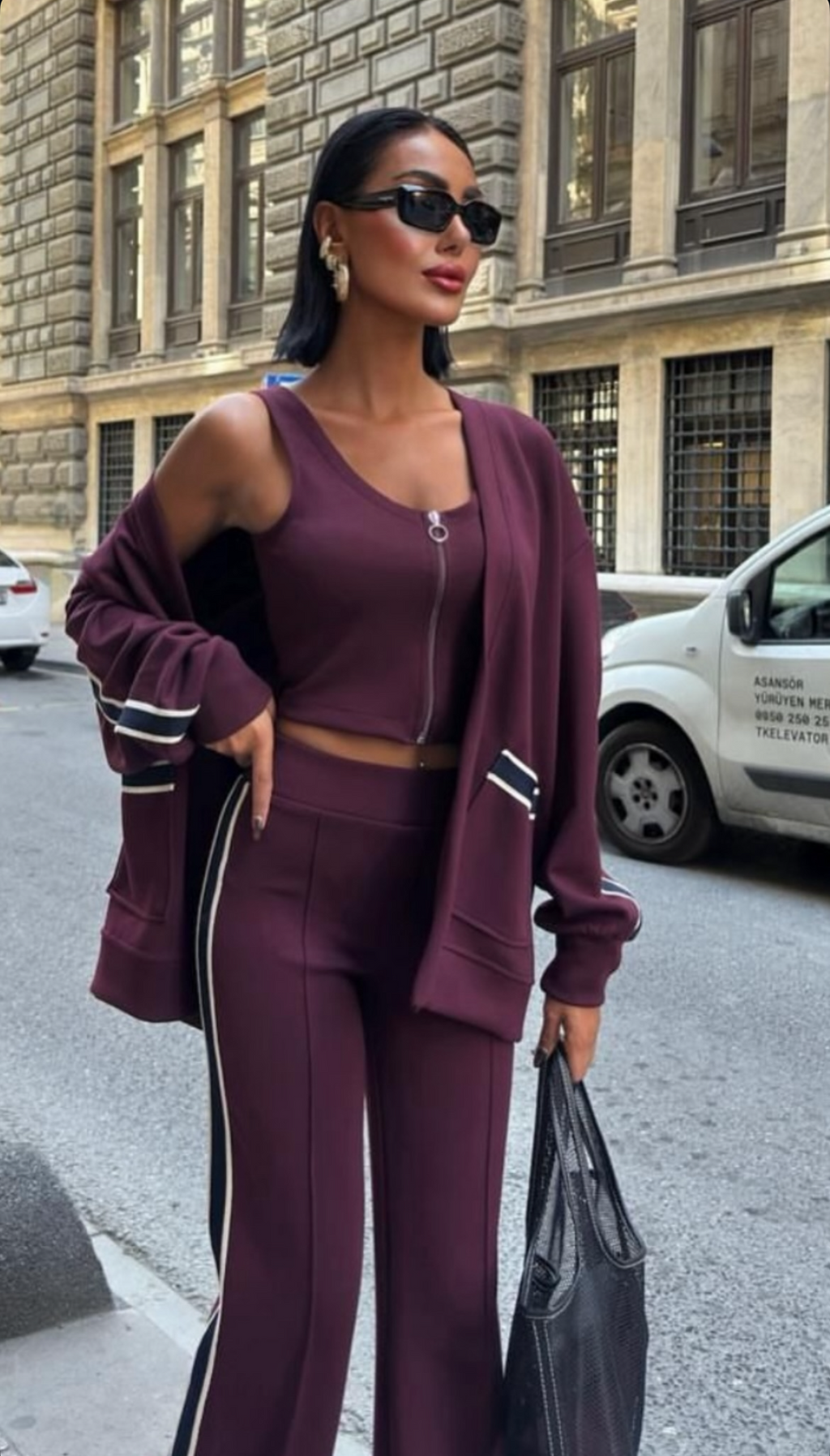 Σετ 3 τεμαχίων, μπλούζα με φερμουάρ, ζακέτα με ζώνη και εφαρμοστό παντελόνι καμπάνα - Μπορντό