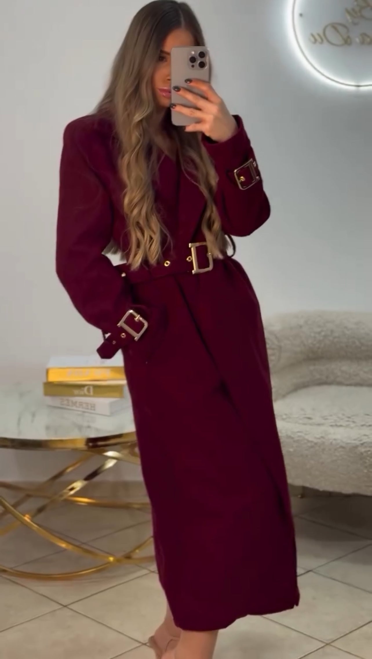 Φοδραρισμένο παλτό με ζώνη - Μπορντό