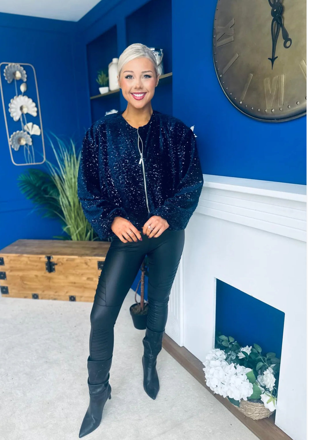 Bomber jacket βελουτέ με παγιέτα - Μπλε σκούρο