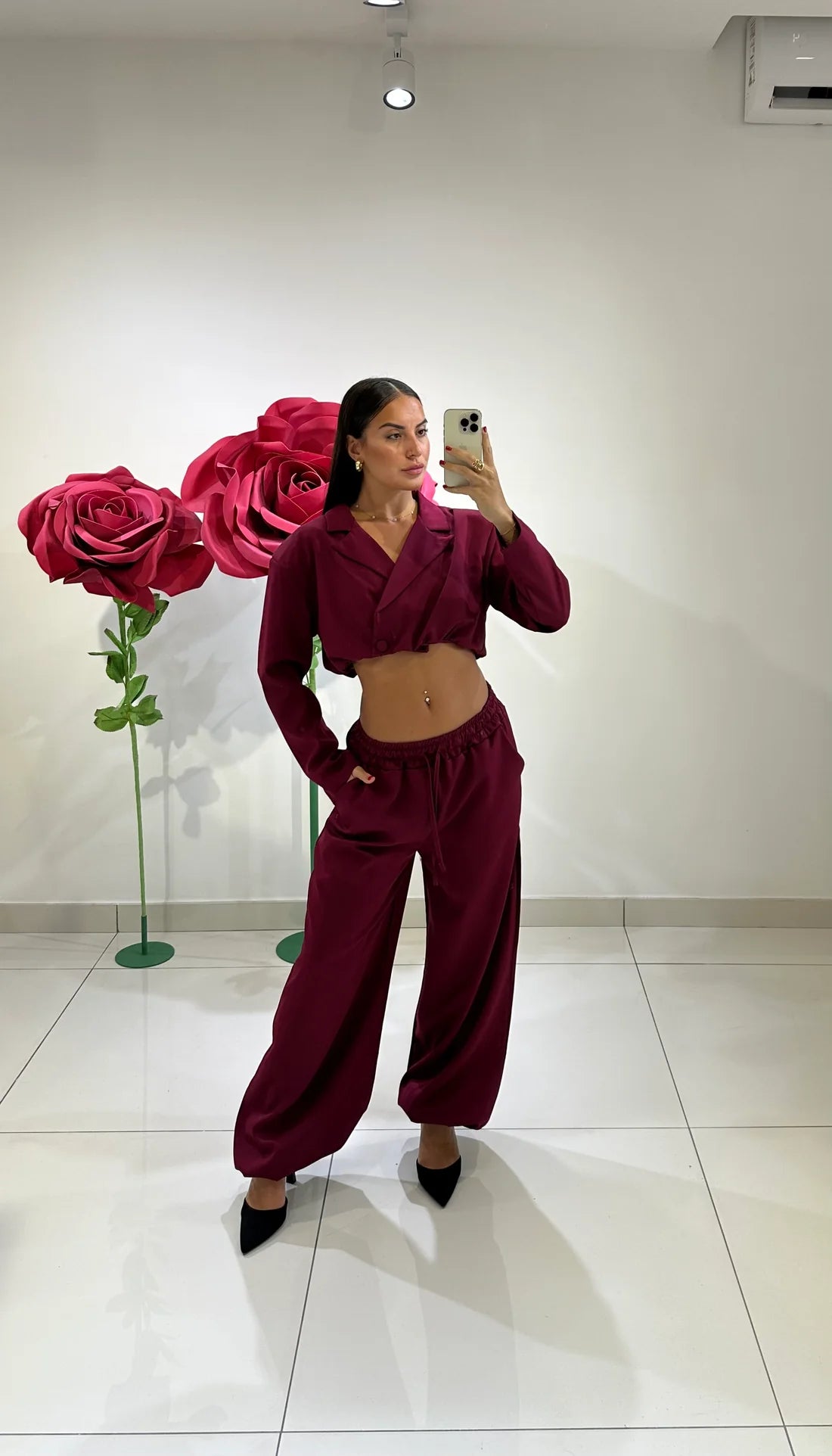 Σετ palazzo παντελόνι με λάστιχο στην μέση και στα μπατζάκια & cropped σακάκι - Μπορντό