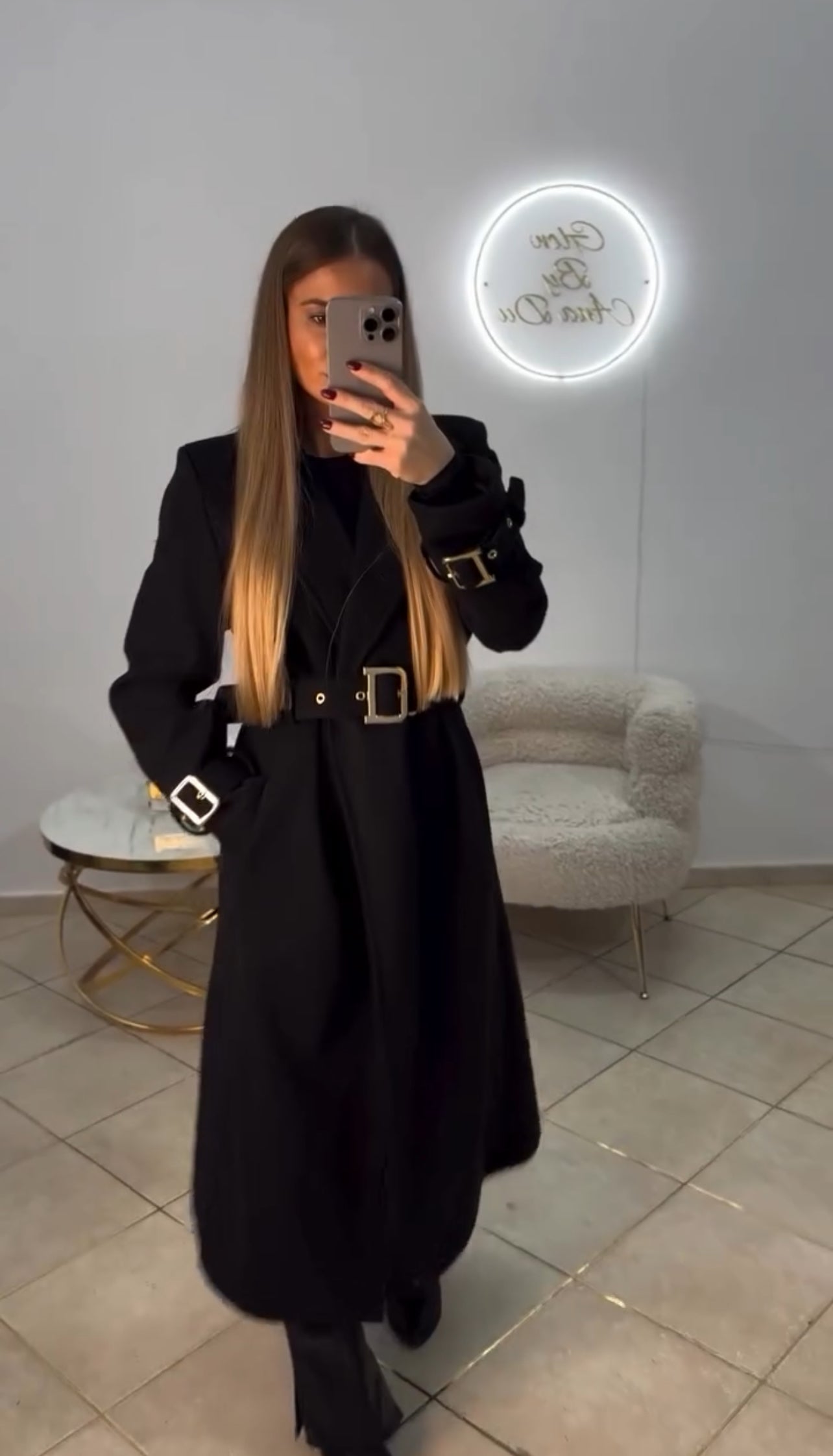 Φοδραρισμένο παλτό με ζώνη - Μαύρο