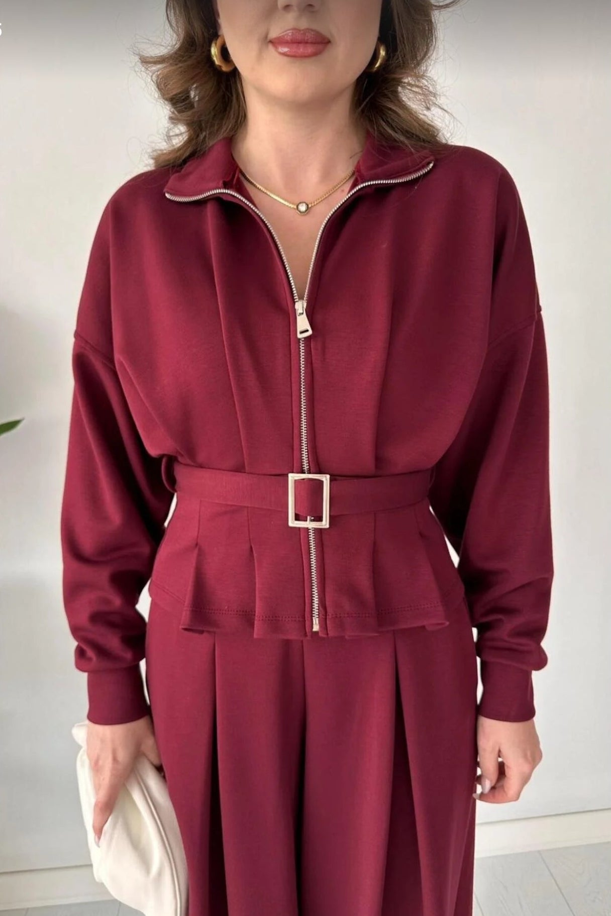 Σετ φόρμα, ζακέτα με ζώνη και παντελόνι σε φαρδιά γραμμή - Μπορντό