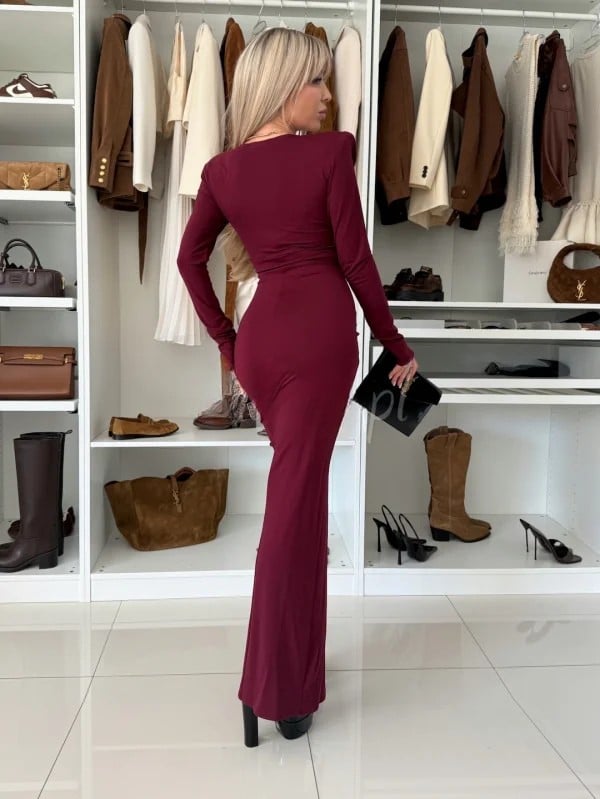 Μαξι φόρεμα με σούρα και V ντεκολτέ - Μπορντό