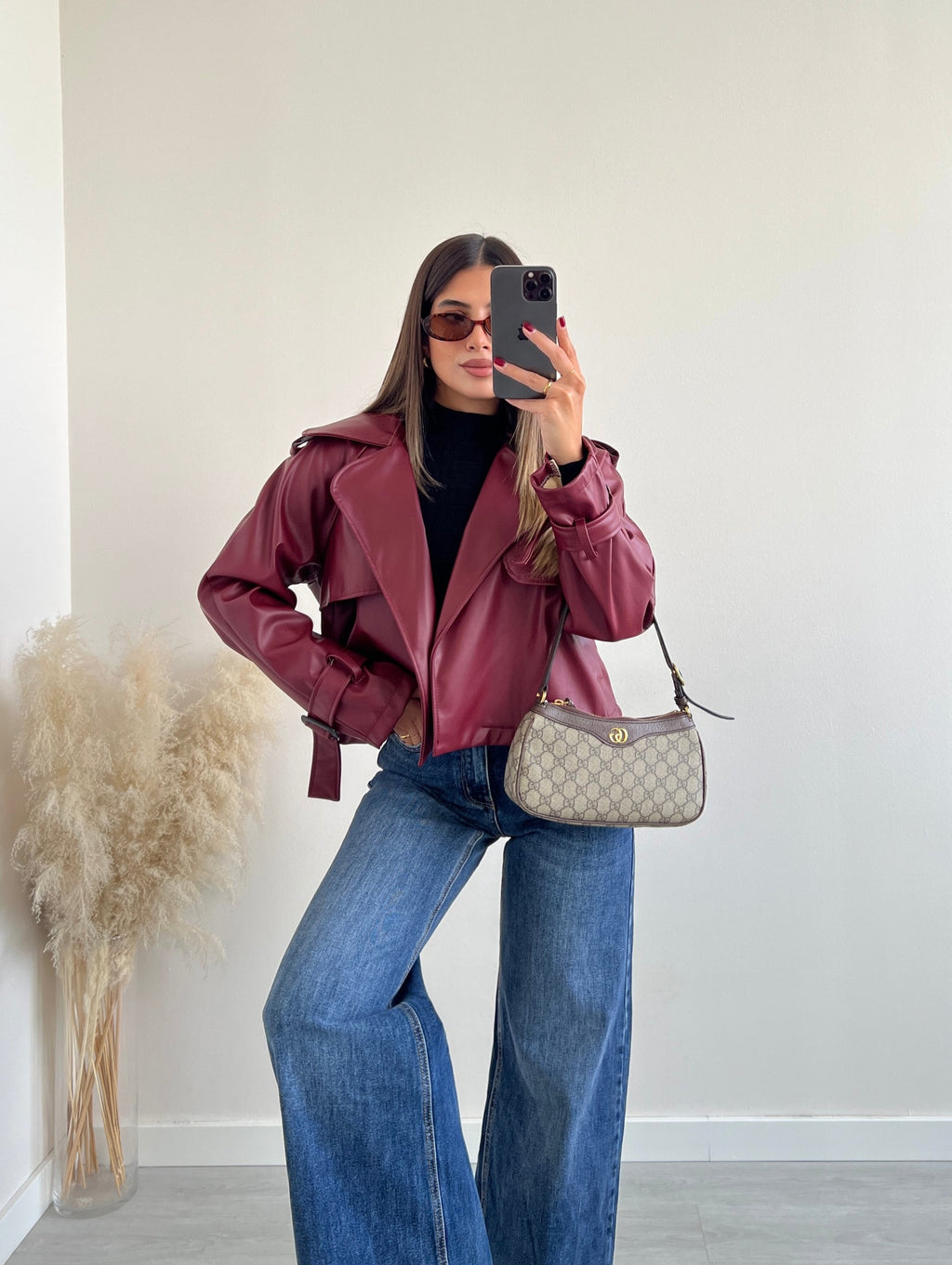 Oversized cropped δερματίνη jacket - Μπορντό