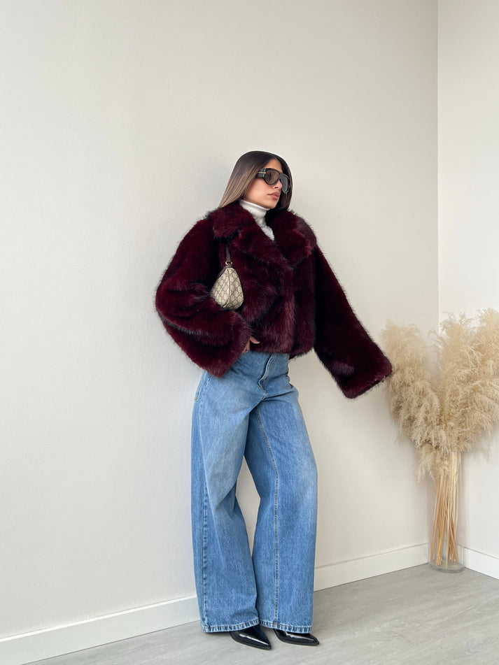 Oversized οικολογική γούνα με φαρδύ γιακά - Βυσσινί
