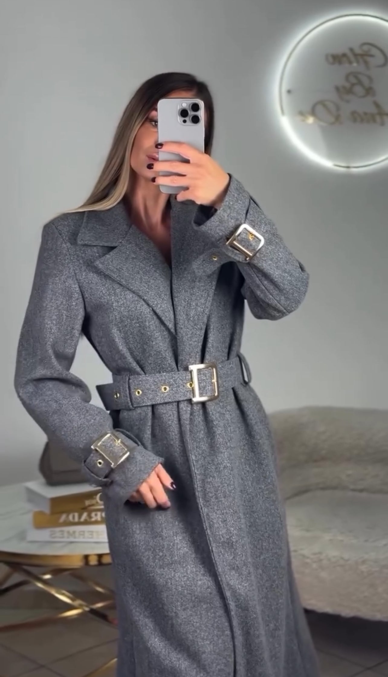 Φοδραρισμένο παλτό με ζώνη - Γκρι